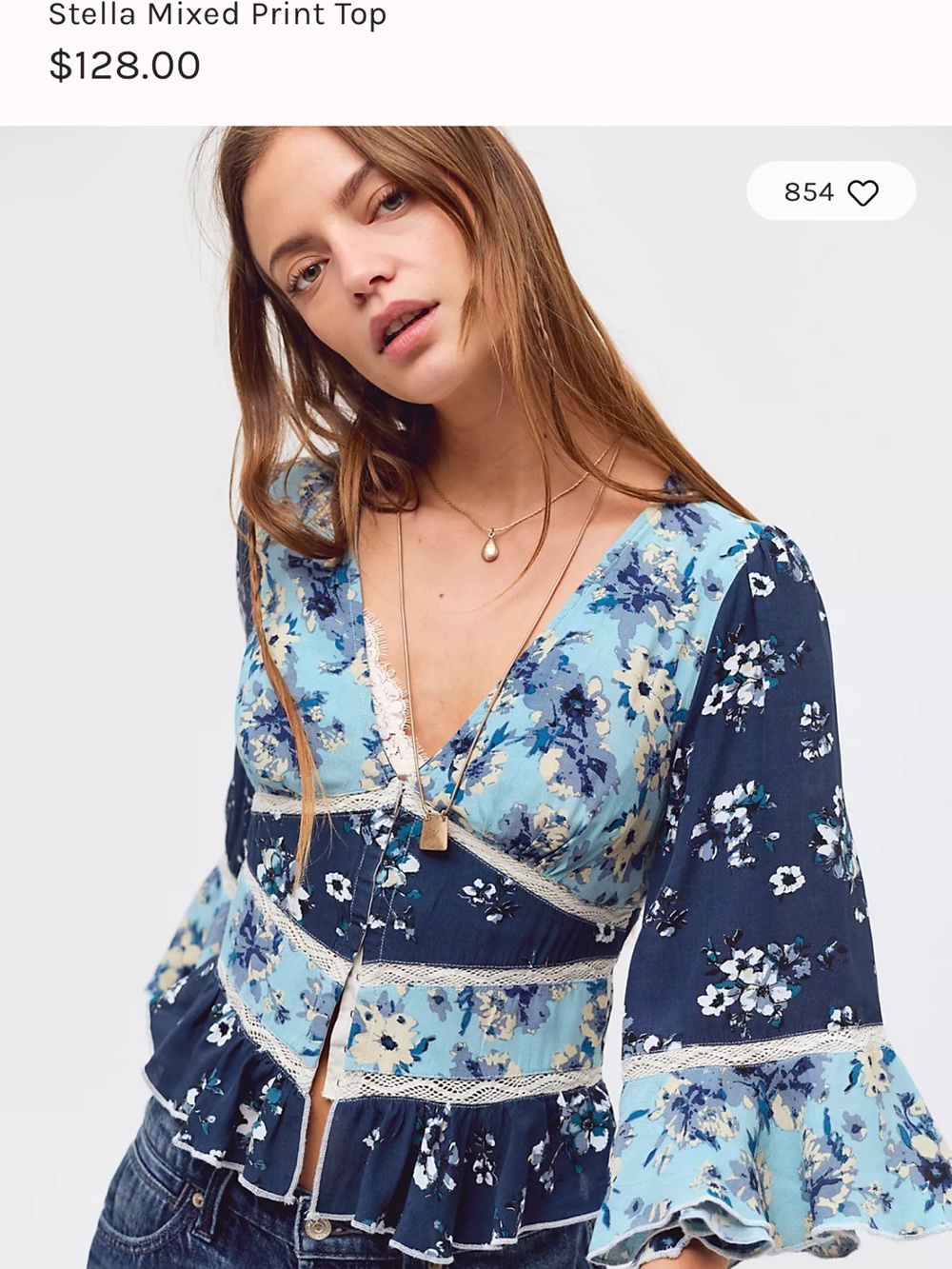 Stella Mixed Print Blue Floral free people V-Neck Top
